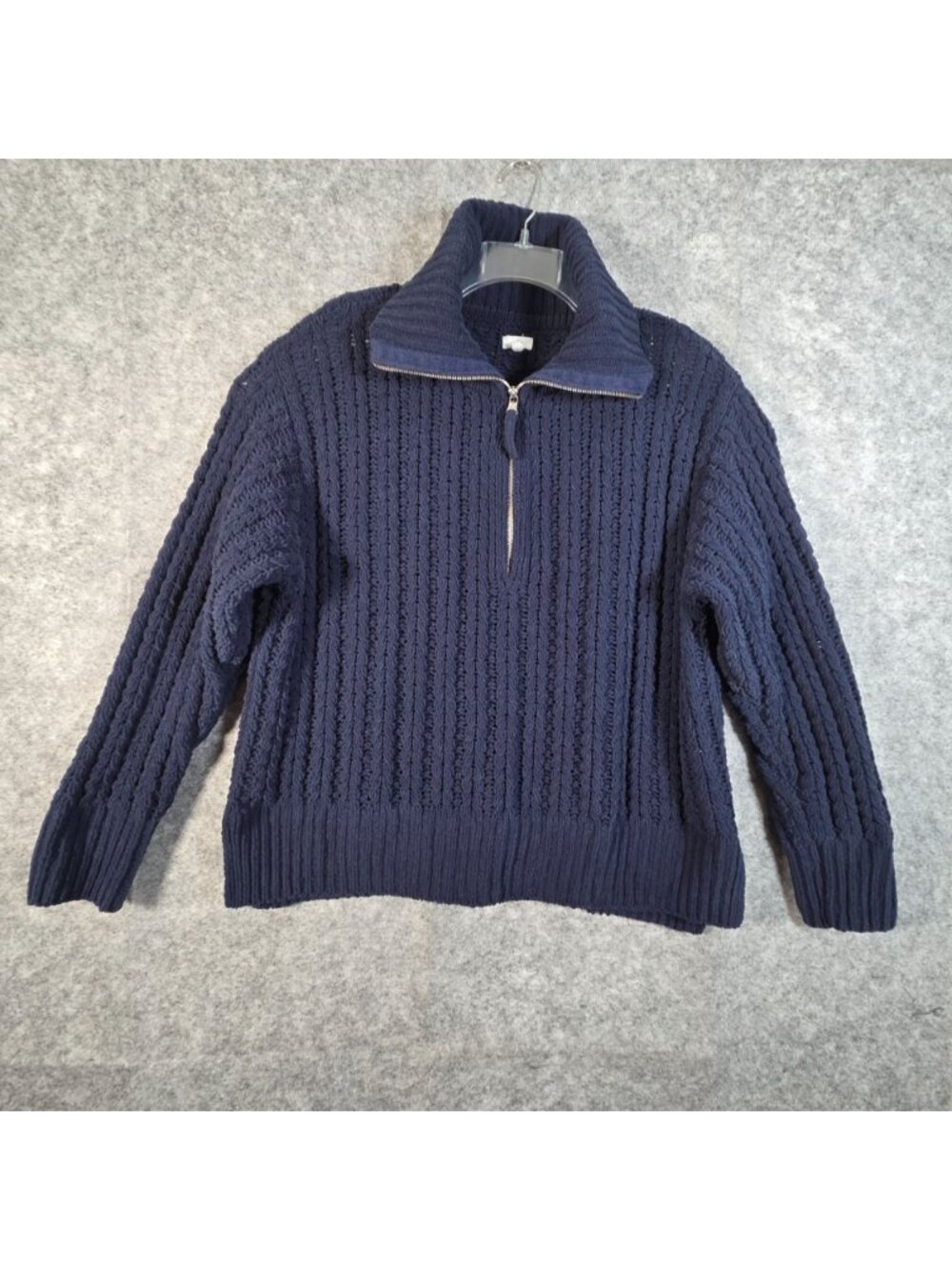 Aerie Women's Cable Car Navy Chunky Cable Knit Quarter Zip Sweater L - Picture 2 of 9